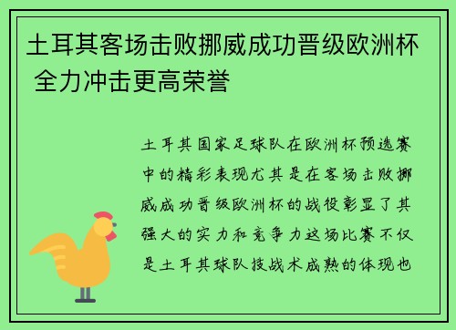 土耳其客场击败挪威成功晋级欧洲杯 全力冲击更高荣誉